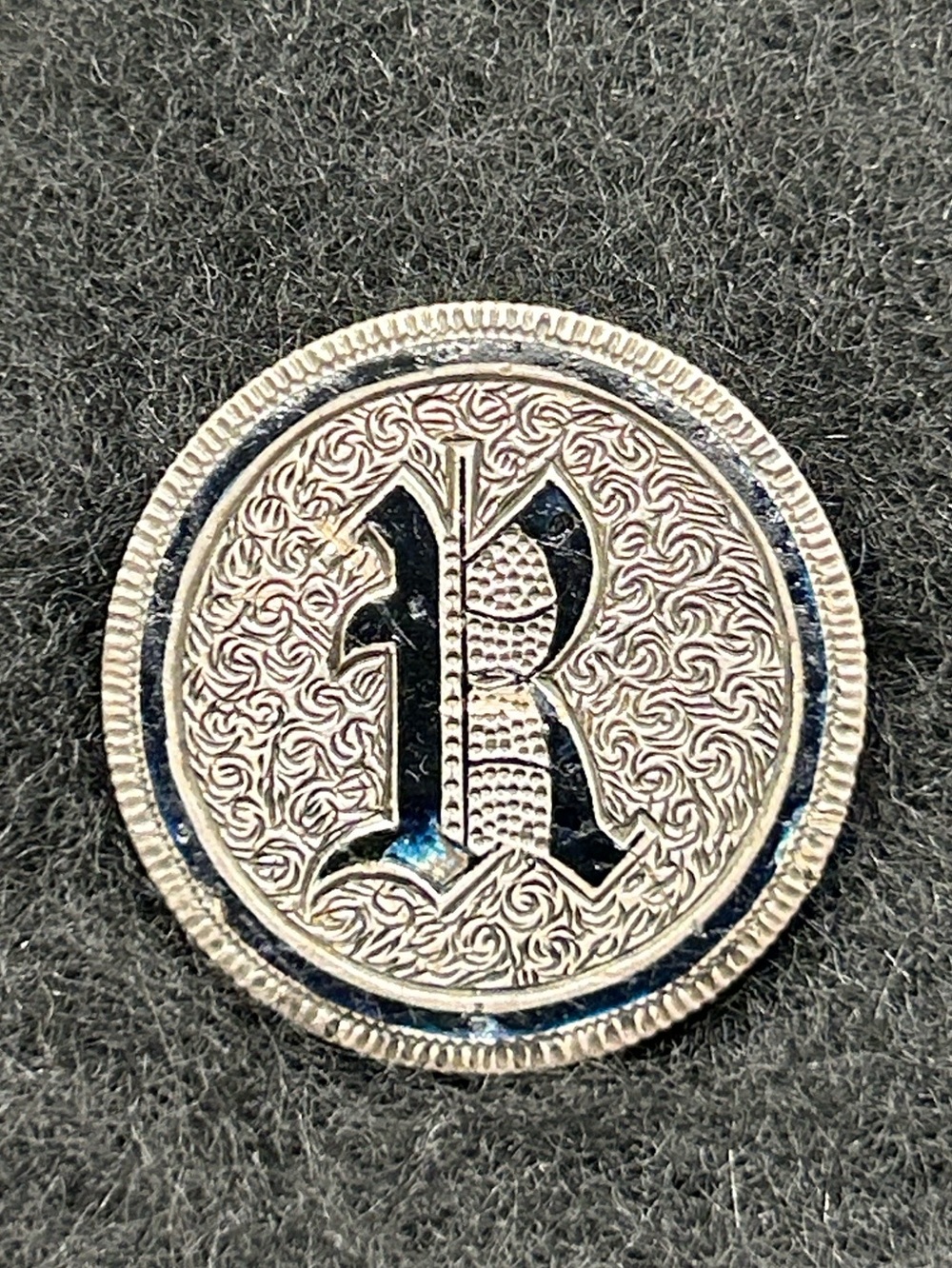 Antique Victorian Love Token Brooch Pin 'R' Silver Coin .900 fine coin silver